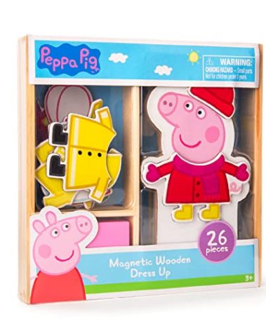 Peppa Pig Magnetic Wood Dress Up Doll. Includes 26 Colorful Magnetic Wood Pieces and Wooden Storage Box. Encourages Creative Play with Mix and Match Fun for Preschoolers and Kids Ages 3 and over.