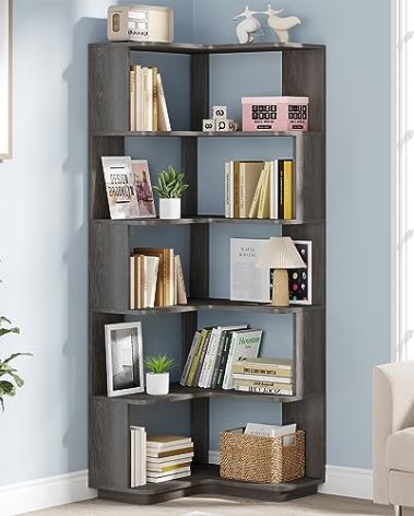 Tribesigns 6-Tier Corner Bookshelf, 64.9 Inches Tall Corner Bookcase with Anti-Drop Panel, Modern Freestanding Shelf Display Rack Storage Organizer for Home Office, Living Room, Grey