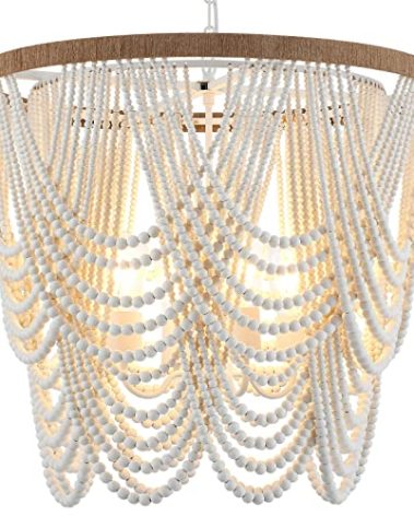 ELYCCUPA 26” Boho Wood Beaded Chandelier Rustic Farmhouse Pendant Light 4-Lights Large Coastal Chandelier for Living Room Dining Room Foyer Entryway Bedroom, Oak White, E26, UL Listed