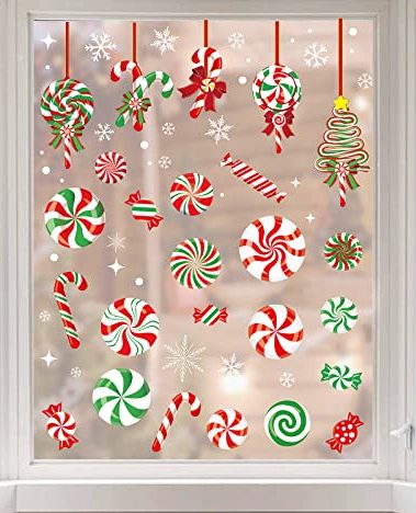 AnyDesign 9 Sheet Christmas Window Clings - Candy Cane Lollipop Peppermint Decals - Double-Sided Merry Christmas Decor for Home, School, Office, Candyland Party Supplies