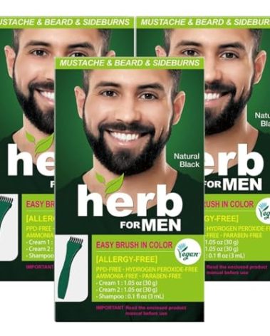 Herb For Men Mustache & Beard Dye (Nature Black, 3 Pack), PPD-Free Ammonia-Free, Vegan with Natural Ingredients, Odorless, Gentle for Sensitive Skin, No Skin Irritation