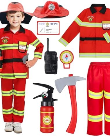 Rizuko Firefighter Costume for Kids with Tool,Fireman Outfit Toys for Boys and Girls Birthday Halloween Party Dress Up 8PCS (Red,100CM/3-4T)