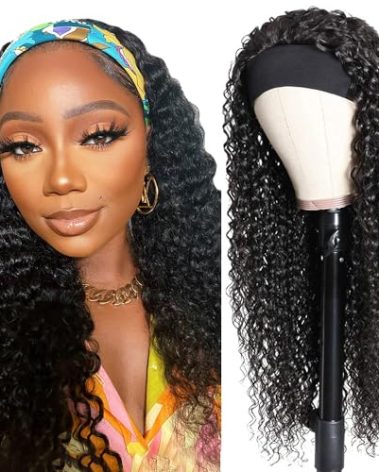 Youngirl Deep Wave Headband Wig Human Hair 20 Inch Curly Headband Wigs for Black Women Human Hair Glueless None Lace Front Wigs Brazilian Virgin Hair Wig Machine Made 150% Density Natural Black Color