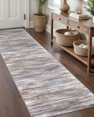 KOZYFLY Modern Abstract Hallway Runner Rug, 2x8 Kitchen Rugs Non-Slip Washable Soft Striped Kitchen Runner Rugs, Print Grey Brown Carpet Runner for Entryway Bathroom Laundry Room Foyer