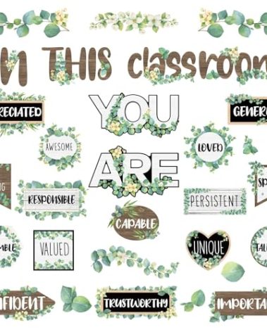 VABAMNA Bulletin Board Decorations, Eucalyptus Classroom Decor, 30Pcs Eucalyptus Positive Inspirational Affirmation Decor Greenery Classroom Decor for Teacher School Supplies Classroom Door Wall