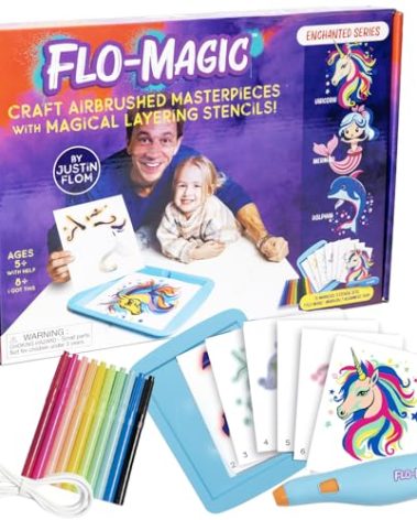Flo-Magic Enchanted Airbrush Marker Stencil Art Kit- Unicorn, Mermaid, Dolphin- Washable Non-Toxic, Rechargeable- Craft kit for Kids Age 5 6 7 8 9 10