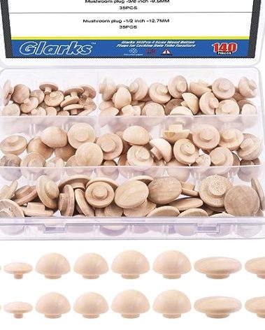 Glarks 140Pcs 4 Sizes Wood Button Plugs Set, 3/16 Inch, 5/16 Inch, 3/8 Inch, 1/2 Inch Hardwood Screw Hole Plugs Button Top Wood Plugs for Locking Hole Tube Furniture