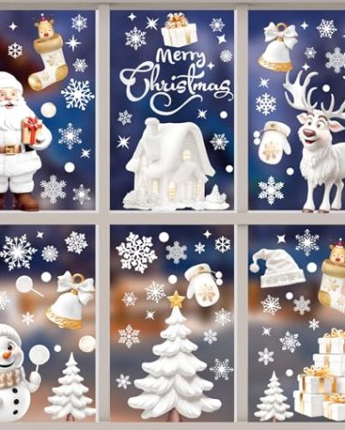 GOMANCHE 190 Pcs Stereoscopic Effect Christmas Window Clings, Double-Sided Printed Santa Claus Snowflake Window Stickers, Self Adhesive Window Decal Decoration for Xmas Holiday Winter Party
