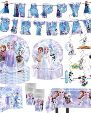 90 Psc Frozen Birthday Party Supplies Set, Pink Theme, with Banner, Plates, Cups, Utensils, Napkins, Tablecloth