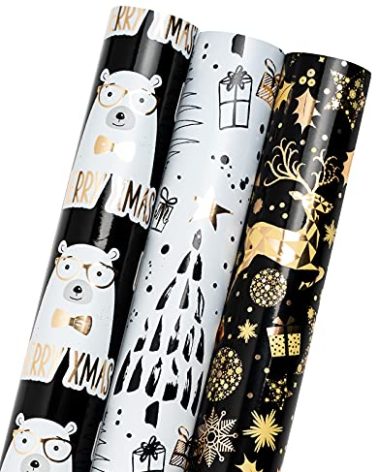 MAYPLUSS Christmas Wrapping Paper Roll - Mini Roll - 17 inch X 120 inch Per roll - 3 Different Black Gold Bear Design (42.3 sq.ft.ttl)