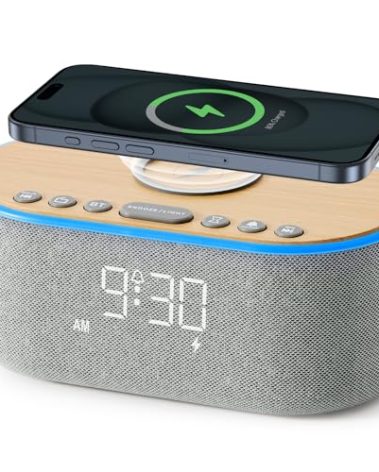 uscce Alarm Clock Bluetooth FM Radio: 10W Stereo Sound Speaker - Fast Wireless Charging for iPhone Samsung - Dimmable Clock Radio for Bedroom