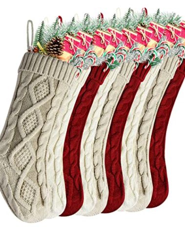 Kunyida Christmas Stockings Bulk, Large 18 Inch Burgundy,Ivory and Khaki Cable Knit Stocking for Xmas Holiday Decoration, 9 Pack