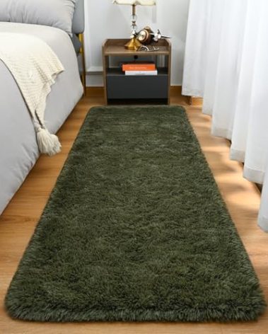 Goideal Fluffy Runner Rug for Bedroom Living Room, 2x6 Olive Green Bedside Rugs, Faux Fur Shag Modern Carpet Ultra Soft Girls Boys Room Home Decor, Solid