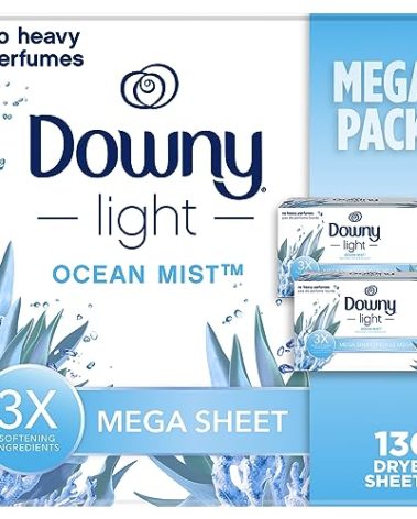 Downy Light Mega Dryer Sheets, Laundry Fabric Softener, Ocean Mist, 130 Count