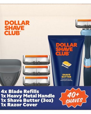 Dollar Shave Club | The Member Exclusive Shave Set | 4 Extra Close Refill Cartridges, 1 Handle (Blue), 1 Shave Butter 3 ounce, 1 Razor Cover, Razors for Men