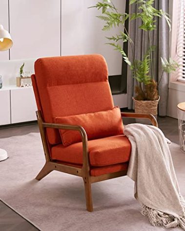 Karl home Accent Chair Mid-Century Modern Chair with Pillow High Back Linen Fabric Upholstered Lounge Arm Chair with Solid Wood Frame & Soft Cushion for Living Room, Bedroom, Balcony, Burnt Orange