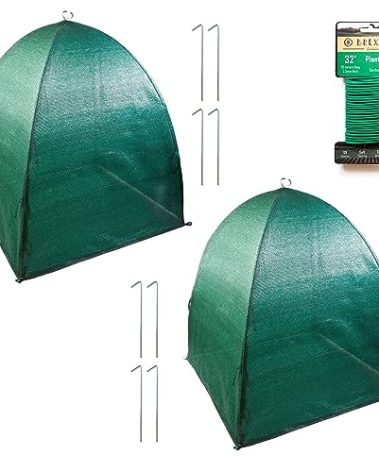 BREXTREX Winter Plant Cover Freeze Protection Tents 2 Pack-Protect Shrubs from Snow, Frost, Animals, Freezing Temperatures - Complete with Soft Garden Ties (28" x 28" x 33", 2 Pack, green with stakes)