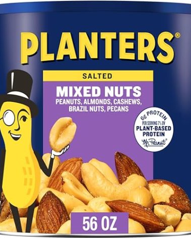 PLANTERS Salted Mixed Nuts, Peanuts, Almonds, Cashews, Brazil Nuts and Pecans, Party Snack, Plant-Based Protein, Quick Snack for Adults, After School Snack, Bulk Nuts, Kosher, 56oz Canister