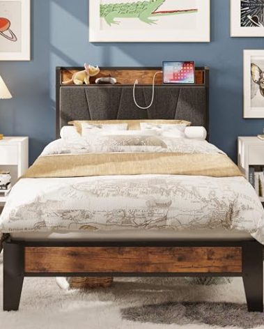 LIKIMIO Twin XL Bed Frames, Storage Headboard with Charging Station, Solid and Stable, Noise Free, No Box Spring Needed, Easy Assembly