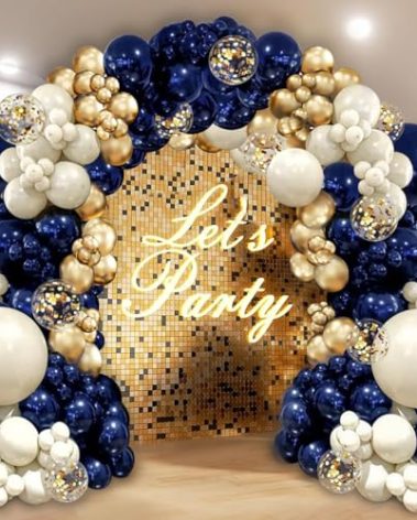 Navy Blue Gold Balloon Graland Arch Kit, Double Stuffed Pearl White Royal Blue Chrome Gold with Confetti Balloons for New Year Graduation Birthday Wedding Party Decorations