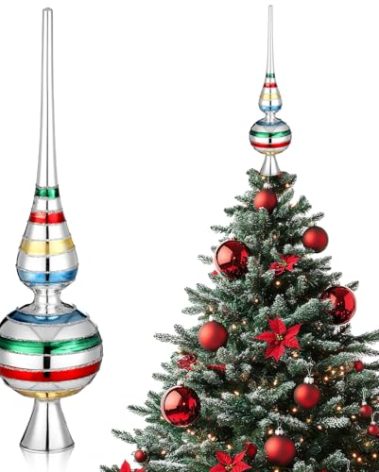 Gejoy Mercury Glass Christmas Finials Tree Topper Vintage Mid Century Colorful Ornaments Retro Spherical Blown Glass Xmas Tree Topper Finials Holiday Indoor Suitable for Party Decoration, 9.8inches