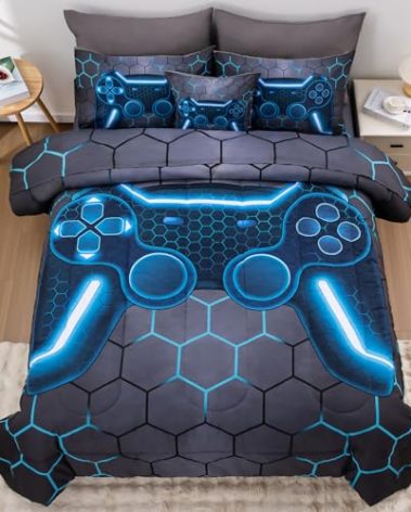KEYROAL 6Pcs Game Console Comforter Set with Sheets for Boys Girls Kids Teens, Geometric Gaming Themed Bed in A Bag Twin Size, Blue 3D Video Gamer Controller Bedroom Decor Bedding Set-Blue
