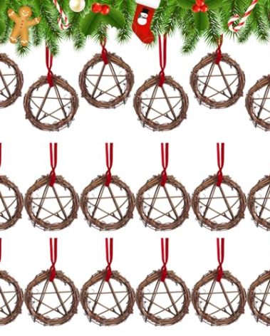 Thyle 12 Pcs Yule Pagan Ornament 3.15 Inch Wooden Pentacle Ornament Natural Christmas Tree Pagan Yule Decor for Christmas Tree Home Wedding Decor