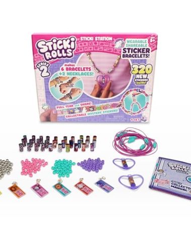Sky Castle STICKI Rolls Sticki Station - The Original Wearable Shareable Sticker Jewelry Kit | Includes 320 Mini Stickers | Builds 6 Bracelets & 2 Necklaces | Over 1000 Designs to Collect! (Series 2)