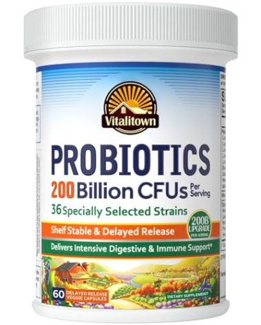 Vitalitown Probiotics 200 Billion CFUs 36 Strains | Shelf Stable, Acid & Bile Resistant | Intensive Digestive & Immune Support | Men & Women Probiotics | Vegan Non-GMO | 60 ct