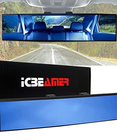 9.4" ICBEAMER Clip On Rear View Mirror | Flat Blue Tint, Panoramic Wide Angle HD Glass, Anti Glare, Universal Fit for Car, SUV, Truck | Eliminates Blind Spots (1 Pack)