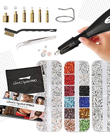 Quick Crystals Pro Hotfix Applicator, Bedazzler Kit with Rhinestones, DIY Wand Setter Tool Kit with 7 Different Tip Sizes, Tweezers, Cleaning Brush, User Manual, and 4400 Rhinestones - Black