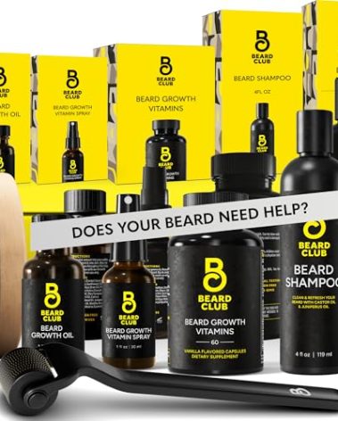 The Beard Club Advanced Beard Growth Kit - Derma Roller, Growth Oil, Vitamins and Vitamin Spray, Shampoo and Boar Bristle Brush - Gift Set - Cedar