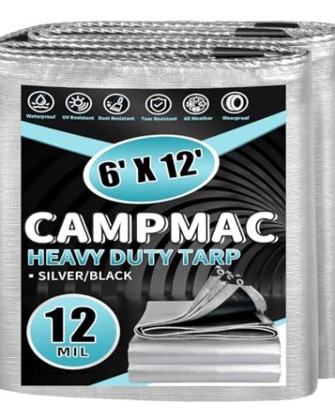 CAMPMAC Heavy Duty Tarp 6' x 12', 12 Mil Thick Waterproof Poly Tarps, High Durability, Rip and Tear Resistant with Metal Grommets Every 20 Inches (Silver/Black)