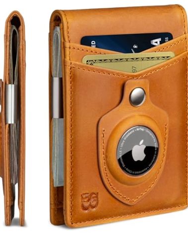 SERMAN BRANDS AirTag Wallet - RFID Blocking Mens Minimalist Money Clip Wallet for Airtag - Full Grain Leather - Slim Bifold. Front Pocket Apple Air tag Wallets for men. Gift CA Desert Transformer Air