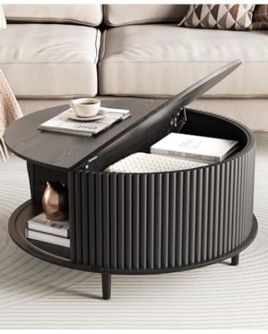 JOINICE,Round Coffee Table with Storage,Mid Century Modern Dining Table with Sliding Cabinet Door for Living Room,Home Small Space,31.5" Small Center Table,Black