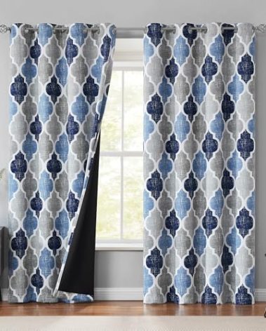 Beauoop 100% Blackout Curtains 108 Inches Long 2 Panels for Bedroom Living Room Blue Grey Moroccan Geo Room Darkening Thermal Insulated Soundproof Grommet Top Window Treatments Drapes, 50x108 Set of 2