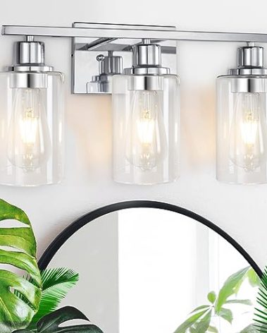 3 Light Vanity Light Fixtures, Polished Chrome Bathroom Wall Sconces, Modern Wall Lights with Clear Glass Shades, Bathroom Wall Lamp over Mirror Kitchen Bedroom Living Room Hallway Cabinet Porch