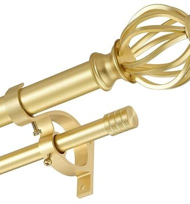 Brass Double Curtain Rods 36-72 Inch, Double Curtain Rods with Round Cage & Barrel Finials, 1-Inch Front and 5/8 Inch Back Double Drapery Rod, Telescoping Double Curtain Rod for Window