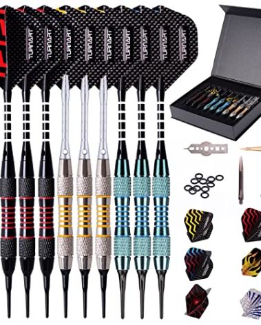 Darts Plastic Tip - Professional Soft Tip Darts Set for Electronic Dartboard 9 Pcs 18 Grams with 50 Extra Tips 9 Shafts 27 Flights Tool Kit Flight Protectors and Gift Case (Blue)
