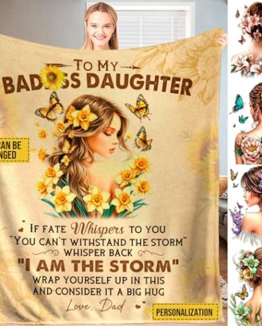 To My Daughter Blanket from Dad and Mom, Personalized Floral Butterfly Girl Fleece Soft Throw Blanket, Christmas Birthday Gifts