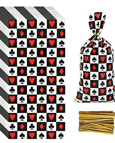 Lecpeting 100 Pcs Casino Treat Bags Poker Print Cellophane Candy Bags Casino Party Favor with Twist Ties for Poker Theme Birthday Party Supplies