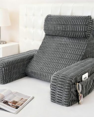 Selectico 19" Reading Pillow for Bed with Built-in Arms & Large Pockets, Supportive Backrest Cushion for Reading, Resting, or Reclining, Washable Cover – Grey