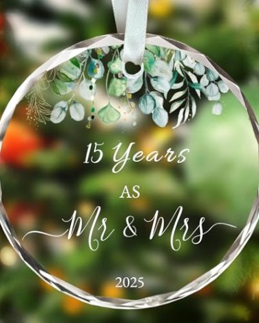 15 Years Married Gift 15th Anniversary Ornament 2025, 15 Year Anniversary Wedding Gifts for Couple, 3" Glass Keepsake Crystal Wedding Gifts for 15 Year Anniversary Ornament