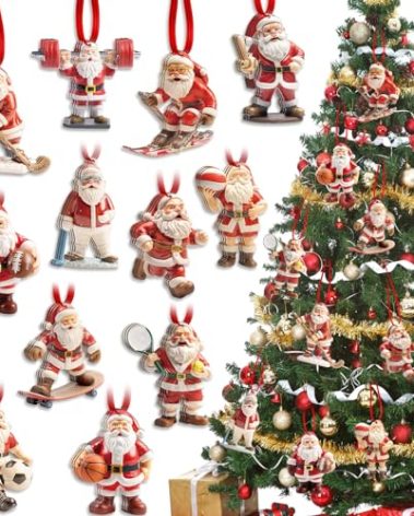 36 Pcs Wooden Fitness Gym Ornament Decorations - Santa Weight Lifting, Skier, Hockey Player, Basketball, Football, Beach Ball Christmas Ornament for Xmas Tree Decor