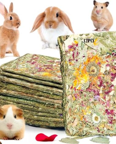 GREMBEB Rabbit Toys 12pcs Bunny Toy Guinea Pig Treats Timothy Hay Chew Toys Chips with Herbal Flowers Hamster Snacks Chinchillas Gerbils for Teeth Apple Sticks Sweet Bamboo
