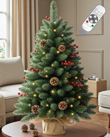 4ft Prelit Artificial Small Christmas Tree with Warm White Multi-Color LED Lights, Remote Control and Timer Operated, Metal Stand Red Berries & Pine Cone Slim Pencil Decoration for Indoor/Outdoor