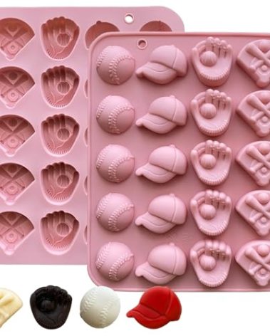 2PCS Baseball Chocolate Mold 20 Cavites Basetball Silicone Mold Sports Theme Silicone Candy Mold Baseball Caps Bats Ice Cube Molds for Fondant Jello Gummy Cupcake Decorations