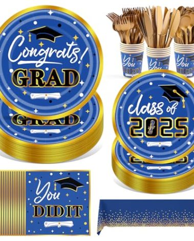 211Pcs Graduation Paper Plates Set - Include Paper Plates Cups Cutlery Napkins and Tablecloth for 2025 Graduation Party Supplies, Serve 30