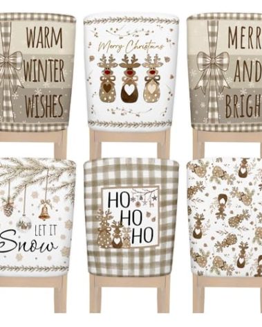 Culudea Christmas Chair Covers Set of 6, Rustic Reindeer Chair Back Covers Holiday Dining Chair Slipcovers Protector for Kitchen Dining Room Farmhouse Xmas Party Decoration