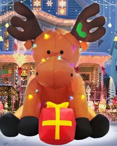 8 FT Christmas Inflatable Outdoor Decorations, Giant String Lights Reindeer Blow up Yard Decor with Red Gift Box, 26 LED Lights Xmas Holiday Decorations for Outside Lawn Garden Indoor